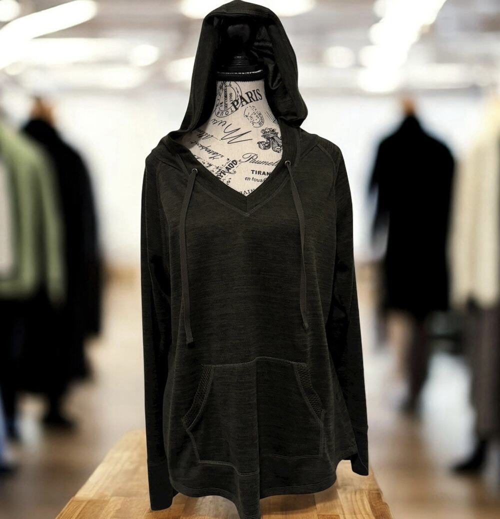 St. John's Bay Women's Charcoal Mesh Active Top Large Kangaroo Pocket Hooded